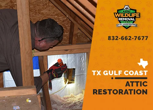 Wildlife Pest Control operator inspecting an attic in TX Gulf Coast before restoration